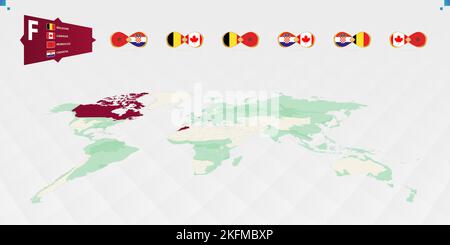 Partecipanti al Gruppo F del torneo di calcio, evidenziato in borgogna sulla mappa del mondo. Tutti i giochi di gruppo. Illustrazione vettoriale. Illustrazione Vettoriale