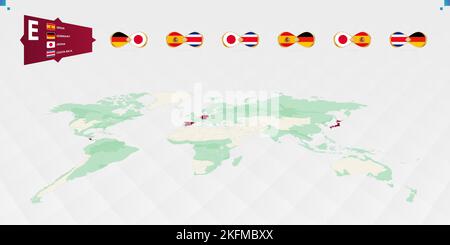 Partecipanti al Gruppo e del torneo di calcio, evidenziato in borgogna sulla mappa del mondo. Tutti i giochi di gruppo. Illustrazione vettoriale. Illustrazione Vettoriale