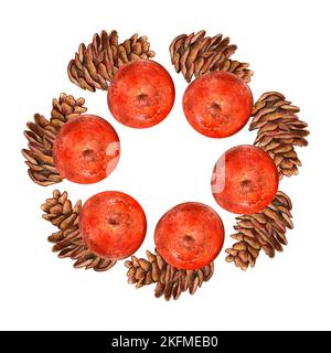 corona di tangerini e coni su sfondo bianco isolato, disegnata a mano. Perfetto per la progettazione di biglietti, inviti, scrapbooking, stampa su tessuto Foto Stock