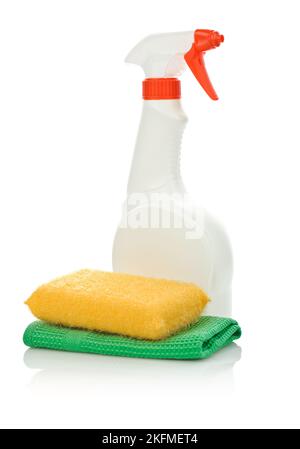 Una spugna su un tovagliolo e bottiglia bianca Foto Stock