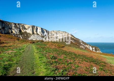 Spettacolare facciata rocciosa della vecchia cava al Breawater Country Park, Holyhead, Anglesey, Galles del Nord. Foto Stock