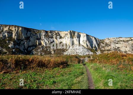 Spettacolare facciata rocciosa della vecchia cava al Breakwater Country Park, Holyhead, Anglesey, Galles del Nord. Foto Stock