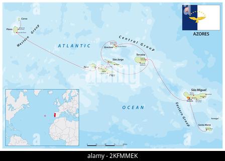 Mappa vettoriale dell'arcipelago portoghese Azzorre nell'oceano Atlantico, Portogallo Foto Stock