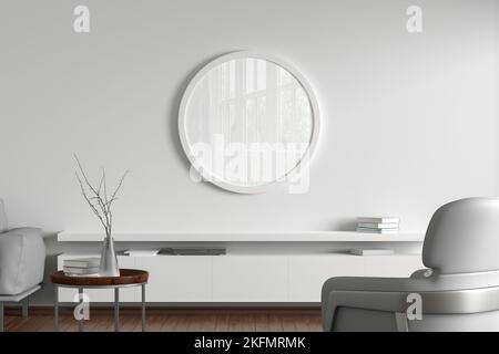 Cornice rotonda bianca modellata sulla parete bianca del soggiorno. Vista frontale Foto Stock