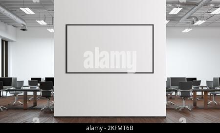 Poster bianco orizzontale modellato sulla parete dei moderni interni dell'ufficio Foto Stock