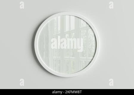 Poster bianco con cornice rotonda sulla parete bianca. Vista frontale Foto Stock