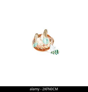 Acquerello illustrazione del nido pasquale fatto di ramoscelli marroni con uova colorate in esso, isolato su sfondo bianco. Illustrazione disegnata a mano con acquerello. Foto Stock