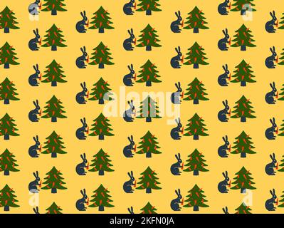 Coniglio nero con carote, Capodanno cinese, albero di Natale senza cuciture motivo, Vector UI banner Illustrazione Vettoriale