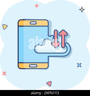 Smartphone con icona cloud in stile fumetto. Illustrazione vettoriale cartoon archiviazione rete telefonica su sfondo bianco isolato. Effetto splash backup online Illustrazione Vettoriale