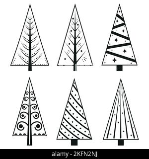 Un insieme di alberi di Natale in stile doodle, contorno nero. Illustrazione del vettore isolato Illustrazione Vettoriale