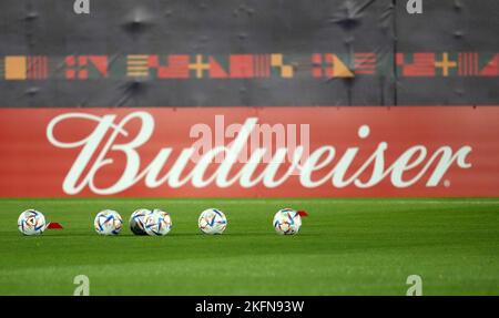 Una visione generale del marchio Budweiser durante una sessione di allenamento al Shahaniya Sports Club, al Shahaniya, in vista della Coppa del mondo FIFA 2022. Data immagine: Sabato 19 novembre 2022. Foto Stock