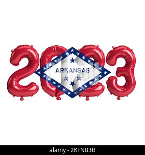 3D illustrazione di 2023 palloncini in Arkansas colore bandiera isolato su sfondo bianco Foto Stock