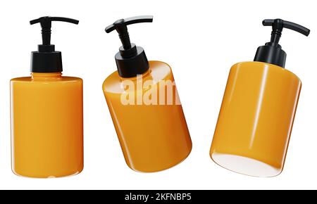 Dispenser cosmetico mockup 3D render, modello flacone per prodotti in plastica gialla isolato su sfondo bianco Foto Stock