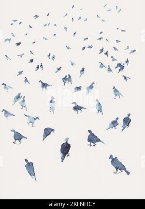 Piccole silhouette di uccelli in prospettiva su sfondo acquerello bianco Foto Stock