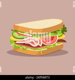 Illustrazione vettoriale di un sandwich con verdure e prosciutto Illustrazione Vettoriale