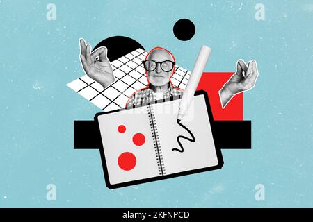 Illustrazione creativa del collage della persona anziano colore bianco nero due mani meditate il disegno del contrassegno della carta del taccuino Foto Stock