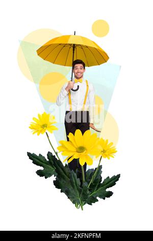 Verticale collage ritratto di eccitato positivo braccio del ragazzo tenere ombrello stand grande fiore giallo isolato su sfondo dipinto Foto Stock