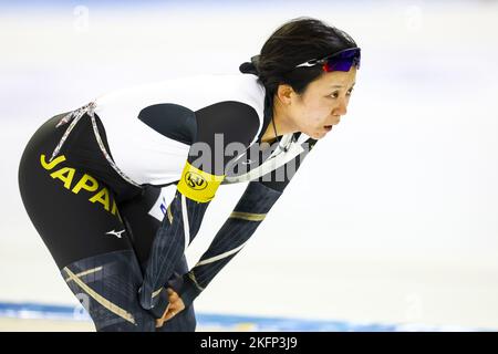 HERENVEEN - Olanda, 19/11/2022, HERENVEEN - Miho Takagi (JPN) reagisce dopo i 1500 metri durante il secondo torneo di Coppa del mondo ISU a pista lunga a Thialf. ANP VINCENT JANNINK Foto Stock