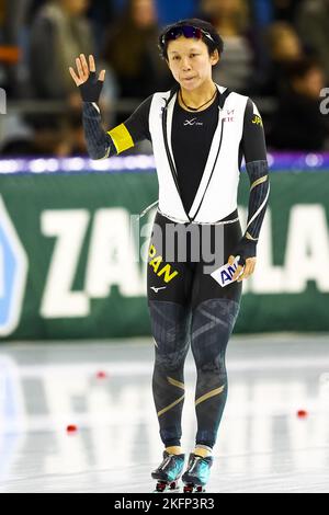 HERENVEEN - Olanda, 19/11/2022, HERENVEEN - Miho Takagi (JPN) reagisce dopo i 1500 metri durante il secondo torneo di Coppa del mondo ISU a pista lunga a Thialf. ANP VINCENT JANNINK Foto Stock