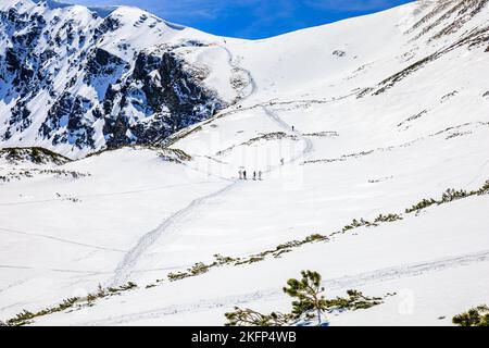 Un pendio innevato con escursionisti sul sentiero Foto Stock