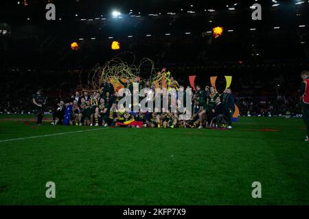 Manchester, Regno Unito. 19th Nov 2022. *** Durante la finale di Coppa del mondo di Rugby 2021 tra Australia RL e Samoa RL a Old Trafford, Manchester, Inghilterra il 19 novembre 2022. Foto di Simon Hall. Solo per uso editoriale, licenza richiesta per uso commerciale. Non è utilizzabile nelle scommesse, nei giochi o nelle pubblicazioni di un singolo club/campionato/giocatore. Credit: UK Sports Pics Ltd/Alamy Live News Foto Stock