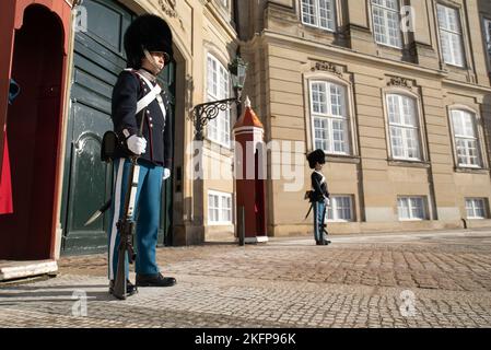 Le Guardie reali (Kongelige Livgardes) si trovavano accanto alla loro cassa di sentry durante il "Cambio della guardia" al Palazzo Amalienborg, Copenaghen (vuntskifte) Foto Stock