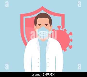 Medico dell'ospedale, terapista, personale medico. Dottore Virus e scudo, protezione antibatterica logo design. Medico, chirurgo, medico, paramedico. Illustrazione Vettoriale