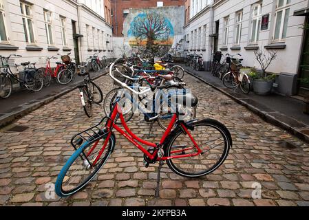 Molte biciclette a pedale sono parcheggiate su una strada in un parcheggio per biciclette a Copenhagen, Danimarca. Parcheggio per biciclette. Città più verde d'Europa, trasporto sostenibile. Foto Stock