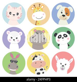 Carino personaggi cartoni animati animali, stile piatto kawaii. Illustrazione Vettoriale