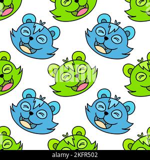 Un'illustrazione digitale di un motivo senza cuciture di graziosi volti di animali verdi blu su uno sfondo bianco Illustrazione Vettoriale