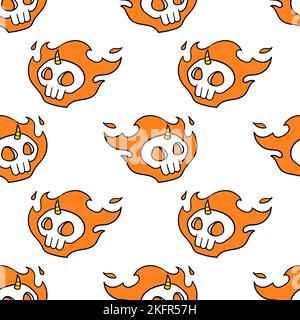 Un'illustrazione digitale di un motivo senza cuciture di graziosi teschi arancioni fiammeggianti su uno sfondo bianco Illustrazione Vettoriale