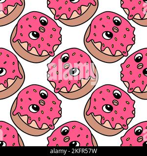 Un'illustrazione digitale di un modello senza cuciture di graziose ciambelle rosa su uno sfondo bianco Illustrazione Vettoriale