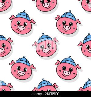 Un'illustrazione digitale di un modello senza cuciture di simpatici maialini rosa su sfondo bianco Illustrazione Vettoriale