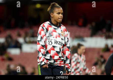 Nikita Parris del Manchester United si scalda durante la partita di Super League delle donne di Barclays fa tra l'Arsenal e il Manchester United all'Emirates Stadium, Londra, sabato 19th novembre 2022. (Credit: Tom West | MI News) Credit: MI News & Sport /Alamy Live News Foto Stock