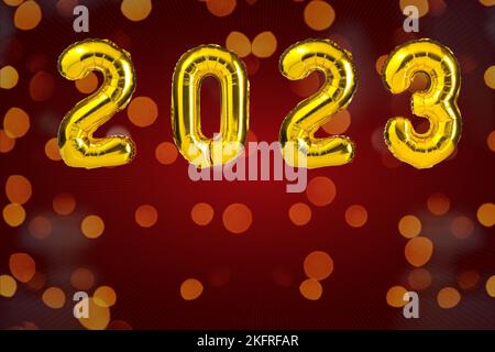 Festa di Capodanno 2023. Palloncini color giallo dorato. 2023 palloncini. Su sfondo rosso Foto Stock