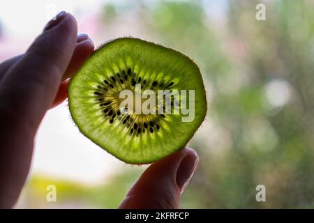 mano che tiene kiwi, primo piano, sfondo sfocato Foto Stock