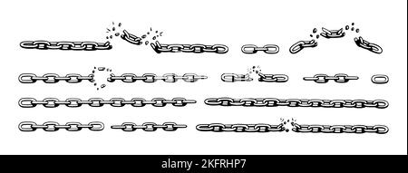 Catena spezzata con frantumazioni come simbolo di forza e libertà. Schizzo delle catene metalliche. Illustrazione vettoriale isolata su sfondo bianco Illustrazione Vettoriale