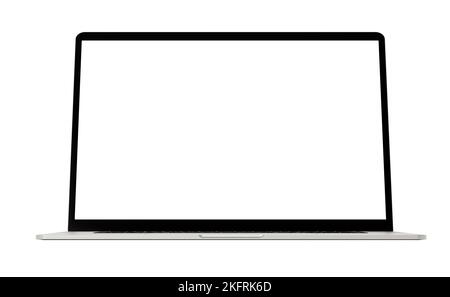 Modello di notebook isolato su bianco. Modello, mockup. Beffa del notebook con schermo bianco isolato su sfondo bianco con ombre. Vista frontale Foto Stock