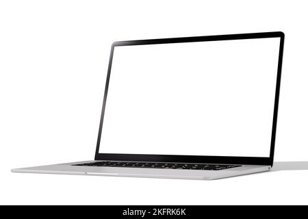 notebook mockup. Notebook in posizione angolata con schermo vuoto isolato su sfondo grigio bianco. Computer portatile moderno isolato su sfondo bianco per m Foto Stock
