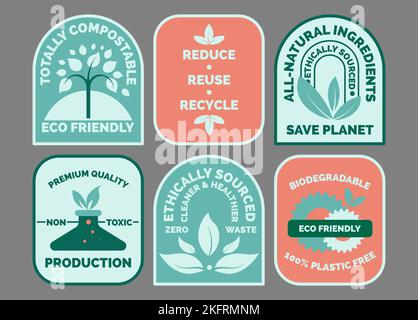 Design del set di adesivi per una confezione di prodotti ecocompatibile Illustrazione Vettoriale