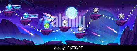 Mappa del livello del gioco spaziale con disco ufo volare sopra le piattaforme rocciose sul paesaggio del pianeta alieno. Computer cartoon o arcade mobile con elementi bonus. COSMOS Illustrazione Vettoriale