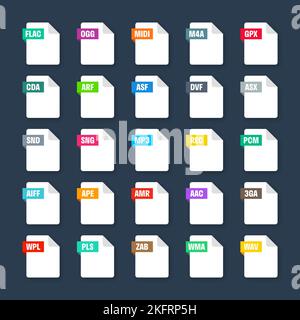 Formati file di sistema comuni. Tipi di documento ed estensioni. Collezione icone stile piatto. Pittogramma del documento, elemento dell'interfaccia utente del disegno Web, modello. Computer Illustrazione Vettoriale