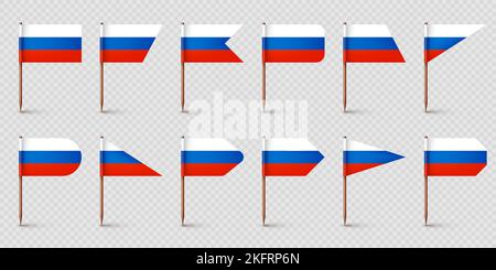 Realistiche bandiere russe diverse stuzzicadenti. Souvenir dalla Russia. Stuzzicadenti in legno con bandierina di carta. Contrassegno di posizione, puntatore della mappa. Mockup vuoto per Illustrazione Vettoriale
