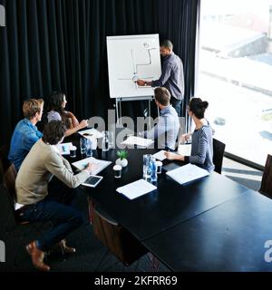 Mettere le loro menti creative al lavoro. Un giovane che dà una presentazione su una lavagna ai colleghi seduti intorno a un tavolo in una sala riunioni. Foto Stock