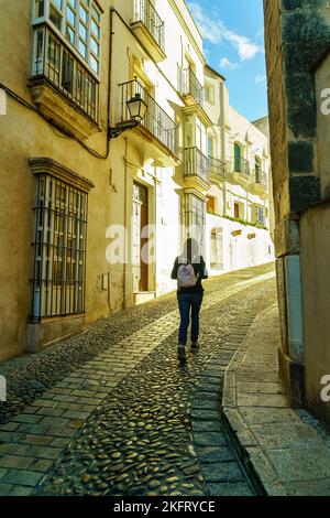 Donna che cammina e visita attraverso uno stretto vicolo di un villaggio bianco in Andalusia al tramonto. Foto Stock