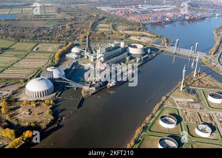 Vista aerea della centrale di Moorburg dietro il terminal container Altenwerder, Elbe, Süderelbe, LNG, LNG, Energia, approvvigionamento di energia, gas, Hambu Foto Stock
