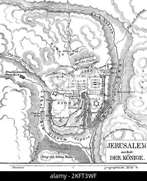 Gerusalemme al tempo dei re, mappa, fiumi, Kidron, valle, Ben Hinnom, montagne, Monte del Tempio, Città bassa, collina Gareb, Sion, Tomba di Davide, Cast Foto Stock