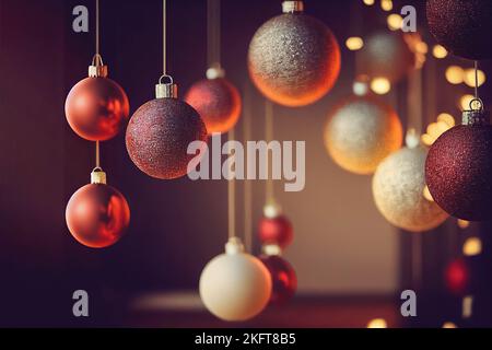 Vista frontale di alcune palle dorate di Natale appese su uno sfondo sfocato Foto Stock