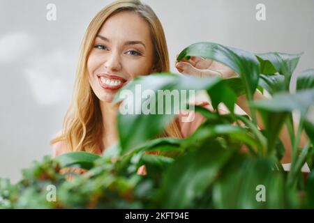 Ritratto di giovane donna allegra con occhi di nocciolo che guardano la macchina fotografica attraverso foglie verdi di pianta domestica Foto Stock