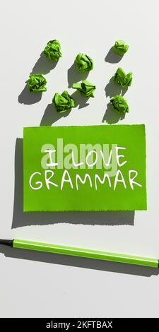 Didascalia di testo che presenta i Love Grammar. Parola per atto di ammirazione del sistema e della struttura del linguaggio Foto Stock